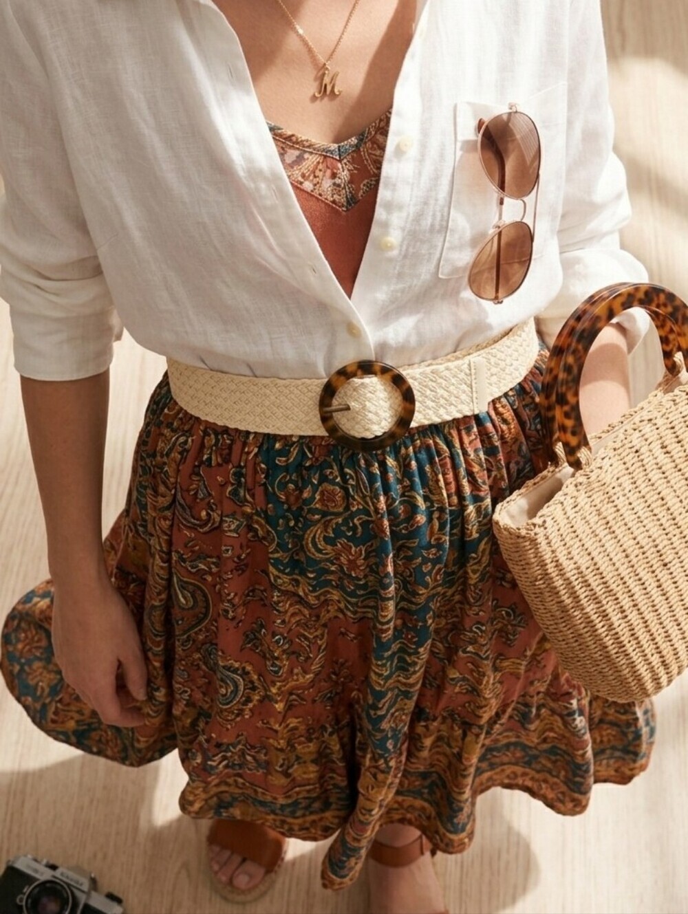 Boho Chic Woven Waist Belt with Tortoiseshell Buckle